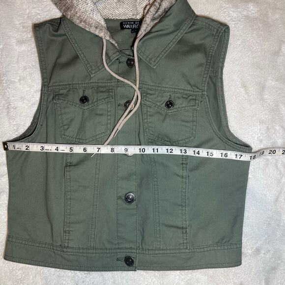 Wallflower Olive Green Denim Hooded Utility Vest Size Large - Picture 8 of 12